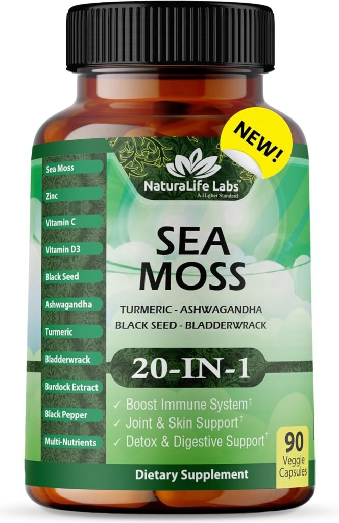 Sea Moss 6000mg - Black Seed Oil 2500mg - Bladderwrack 2000mg - Turmeric 1500mg Ashwagandha 1000mg - Burdock 1000mg - Muira Puama, Vitamin C, D3, Yellow Dock Root, Manuka, Dandelion - 90 Veggie caps